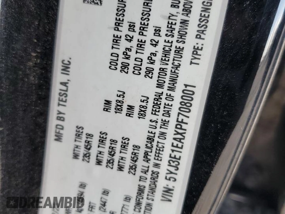 2023 Tesla Model 3 with VIN 5YJ3E1EAXPF708001, listed as a Copart auction lot 57252735 with 71,579 mi miles and Salvage title. Bid and sale history available at DreamBid. Image 12.