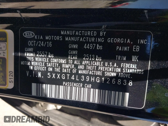2017 Kia Optima LX z VIN 5XXGT4L39HG126838, wystawiony jako IAAI lot #42487934 z przebiegiem 108 905 mil mil oraz . Historia ofert i sprzedaży dostępna na DreamBid. Obrazek 9.
