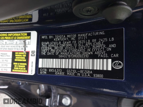 2021 Lexus ES with VIN 58ADZ1B13MU092310, listed as a IAAI auction lot 41878570 with 34,401 mi miles. Bid and sale history available at carsss.com. Image 9.
