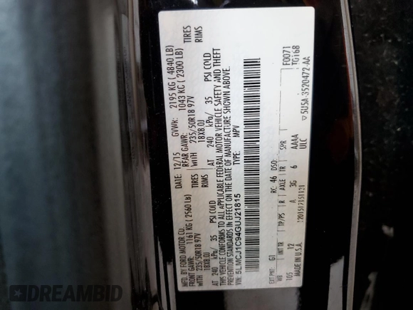 2016 Lincoln MKC Premier with VIN 5LMCJ1C94GUJ21815, listed as a Copart auction lot 61552955 with 172,142 mi miles and Non repairable. Bid and sale history available at DreamBid. Image 13.