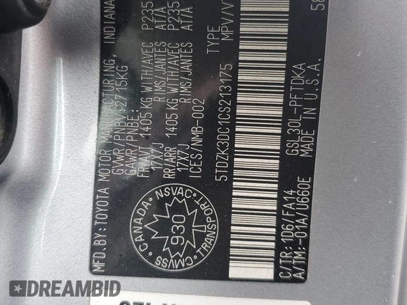 2012 Toyota Sienna with VIN 5TDZK3DC1CS213175, listed as a Copart auction lot 55475615 with 216,082 mi miles and Salvage title. Bid and sale history available at DreamBid. Image 13.