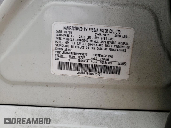 2008 Infiniti G35 Journey z VIN JNKBV61E68M215957, wystawiony jako Copart lot #61387995 z przebiegiem 133 328 mil mil oraz Szkoda całkowita • Salvage title. Historia ofert i sprzedaży dostępna na DreamBid. Obrazek 12.