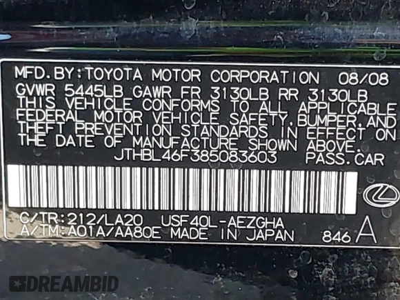 2008 Lexus LS 460 with VIN JTHBL46F385083603, listed as a IAAI auction lot 42085788 with Not Provided miles and . Bid and sale history available at DreamBid. Image 9.