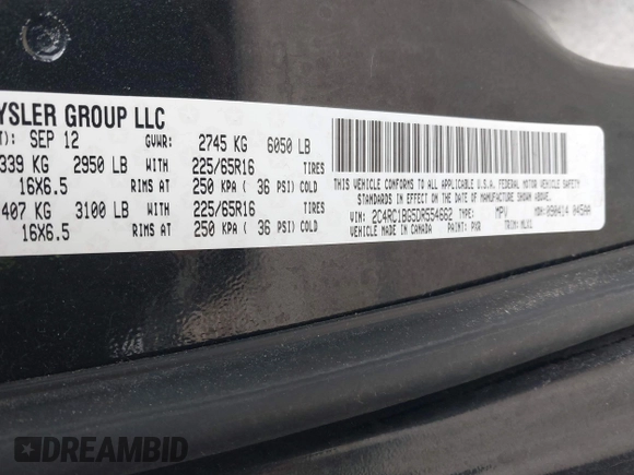 2013 Chrysler Town & Country Touring with VIN 2C4RC1BG5DR554662, listed as a IAAI auction lot 41833006 with 143,626 mi miles and . Bid and sale history available at DreamBid. Image 9.