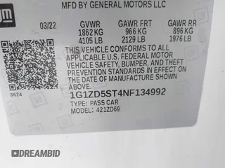 2022 Chevrolet Malibu LT with VIN 1G1ZD5ST4NF134992, listed as a IAAI auction lot 41723955 with 61,678 mi miles and . Bid and sale history available at carsss.com. Image 9.