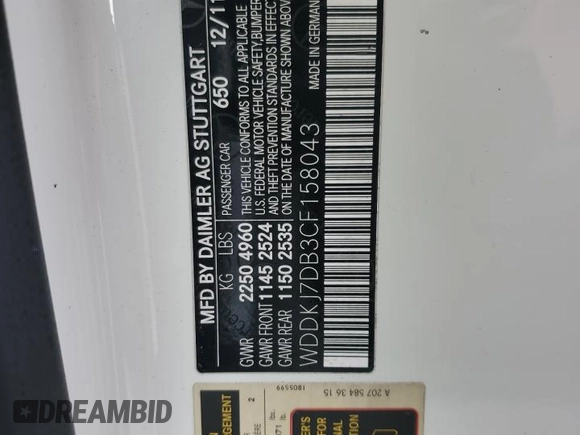 2012 Mercedes-Benz E 550 with VIN WDDKJ7DB3CF158043, listed as a Copart auction lot 43526855 with 68,035 mi miles and Salvage Title. Bid and sale history available at DreamBid. Image 12.
