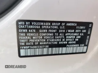 2012 Volkswagen Passat SE с VIN 1VWBP7A35CC027135, выставлен на аукционе Copart как лот 57532105 с пробегом 96 833 миль миль и Списание • Salvage title. История ставок и продаж доступна на DreamBid. Изображение 13.