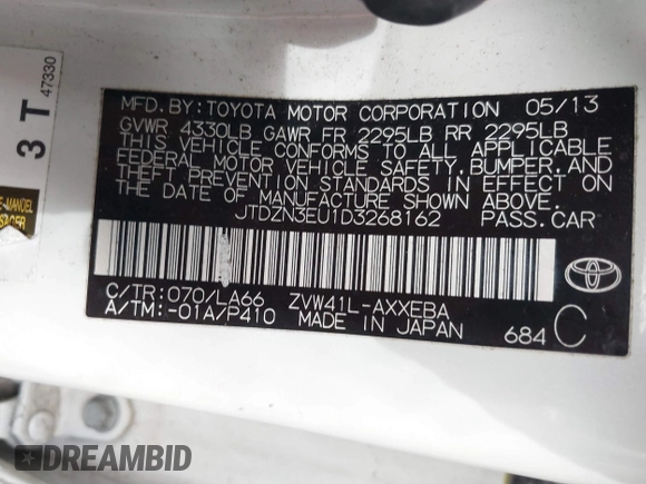2013 Toyota Prius Two with VIN JTDZN3EU1D3268162, listed as a IAAI auction lot 41650964 with 158,186 mi miles and . Bid and sale history available at carsss.com. Image 9.