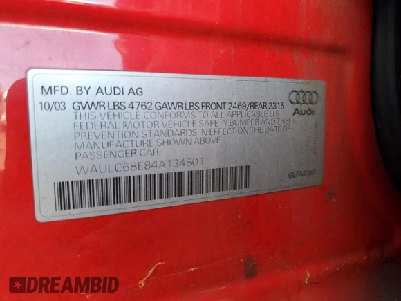 2004 Audi A4 1.8T with VIN WAULC68E84A134601, listed as a Copart auction lot 70844914 with 0 mi miles and Clean Title. Bid and sale history available at carsss.com. Image 13.