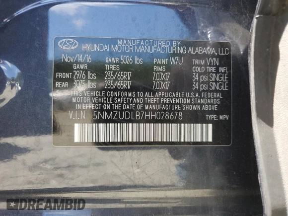 2017 Hyundai Santa Fe 2.4L z VIN 5NMZUDLB7HH028678, wystawiony jako Copart lot #57557855 z przebiegiem 102 049 mil mil oraz Szkoda całkowita • Salvage title. Historia ofert i sprzedaży dostępna na DreamBid. Obrazek 13.
