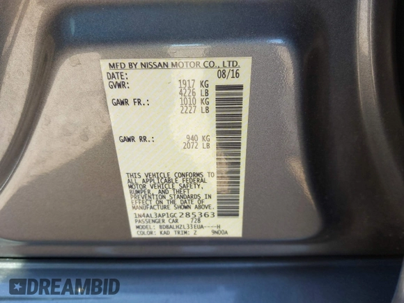 2016 Nissan Altima SR with VIN 1N4AL3AP1GC285363, listed as a IAAI auction lot 41754598 with 121,923 mi miles and . Bid and sale history available at carsss.com. Image 9.