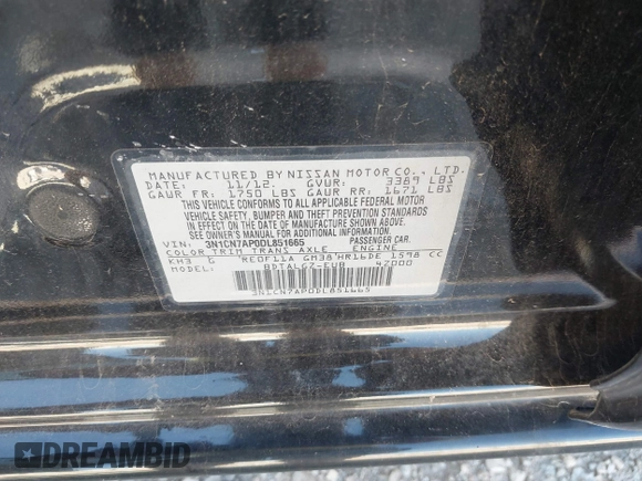 2013 Nissan Versa S with VIN 3N1CN7AP0DL851665, listed as a IAAI auction lot 40458221 with 149,889 mi miles and . Bid and sale history available at DreamBid. Image 9.