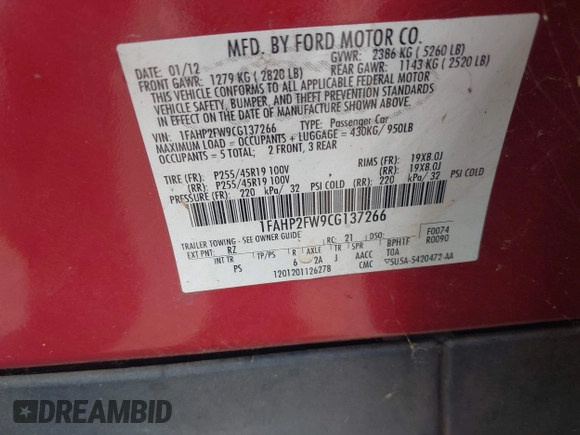 2012 Ford Taurus Limited с VIN 1FAHP2FW9CG137266, выставлен на аукционе IAAI как лот 42665698 с пробегом Не указан миль и . История ставок и продаж доступна на DreamBid. Изображение 9.
