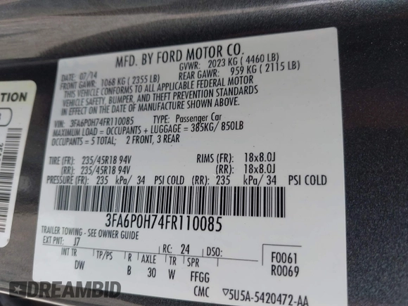 2015 Ford Fusion SE with VIN 3FA6P0H74FR110085, listed as a IAAI auction lot 42371471 with 137,620 mi miles and . Bid and sale history available at DreamBid. Image 9.