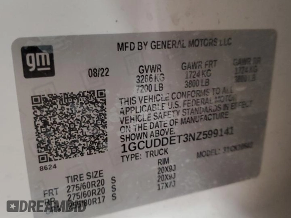 2022 Chevrolet Silverado 1500 LT with VIN 1GCUDDET3NZ599141, listed as a Copart auction lot 68729434 with 72,366 mi miles and Salvage Title. Bid and sale history available at DreamBid. Image 12.