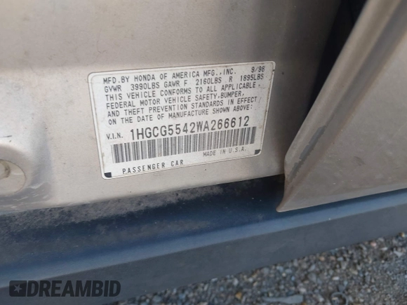 1998 Honda Accord LX with VIN 1HGCG5542WA266612, listed as a IAAI auction lot 42208066 with 202,101 mi miles and . Bid and sale history available at DreamBid. Image 9.