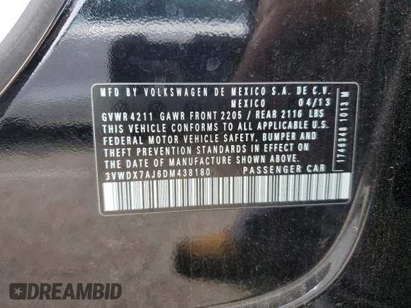 2013 Volkswagen Jetta SE with VIN 3VWDX7AJ6DM438180, listed as a Copart auction lot 59582655 with 106,082 mi miles and Salvage title. Bid and sale history available at DreamBid. Image 12.
