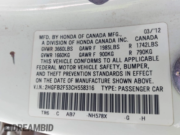 2012 Honda Civic LX с VIN 2HGFB2F53CH558316, выставлен на аукционе IAAI как лот 42002869 с пробегом 89 895 миль миль и . История ставок и продаж доступна на DreamBid. Изображение 9.