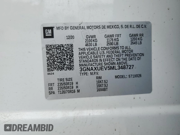 2021 Chevrolet Equinox LT with VIN 3GNAXUEV5ML348727, listed as a Copart auction lot 57305635 with 64,147 mi miles and Salvage title. Bid and sale history available at DreamBid. Image 14.