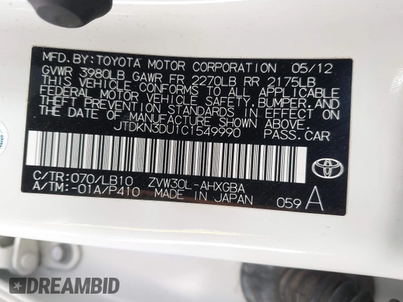 2012 Toyota Prius One with VIN JTDKN3DU1C1549990, listed as a IAAI auction lot 41543634 with 118,496 mi miles and . Bid and sale history available at carsss.com. Image 9.