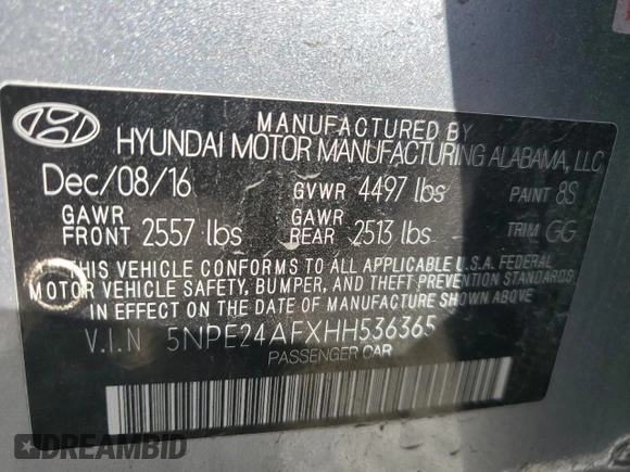 2017 Hyundai Sonata SE with VIN 5NPE24AFXHH536365, listed as a Copart auction lot 49785915 with 109,906 mi miles and Salvage Title. Bid and sale history available at carsss.com. Image 13.