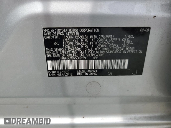 2009 Toyota RAV4 with VIN JTMZF35V895002624, listed as a Copart auction lot 54129265 with 187,717 mi miles and Salvage Title. Bid and sale history available at DreamBid. Image 14.