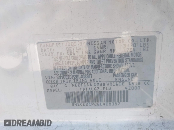 2016 Nissan Note SV with VIN 3N1CE2CP2GL408387, listed as a IAAI auction lot 41697373 with 196,494 mi miles and . Bid and sale history available at DreamBid. Image 9.