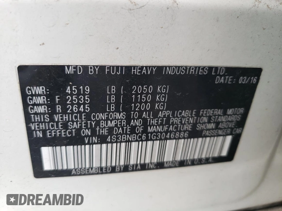 2016 Subaru Legacy Premium with VIN 4S3BNBC61G3046886, listed as a Copart auction lot 61360345 with 162,855 mi miles and Salvage title. Bid and sale history available at DreamBid. Image 12.