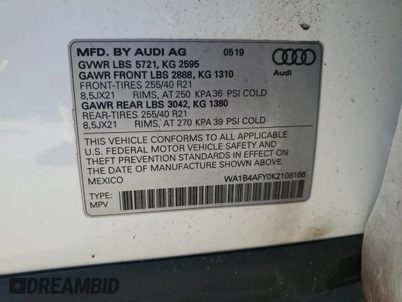 2019 Audi SQ5 Premium Plus z VIN WA1B4AFY0K2108166, wystawiony jako Copart lot #50959135 z przebiegiem 47 938 mil mil oraz Czysty tytuł • Clean title. Historia ofert i sprzedaży dostępna na DreamBid. Obrazek 14.