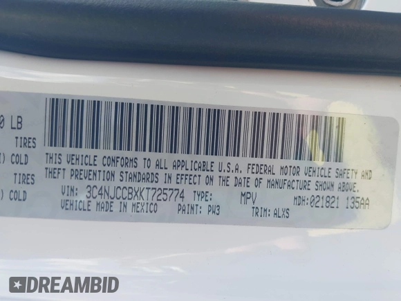 2019 Jeep Compass Limited with VIN 3C4NJCCBXKT725774, listed as a IAAI auction lot 42347887 with 43,472 mi miles and . Bid and sale history available at DreamBid. Image 9.