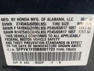 2011 Honda Ridgeline RT with VIN 5FPYK1F20BB001723, listed as a IAAI auction lot 40376797 with 167,706 mi miles. Bid and sale history available at carsss.com. Image 9.
