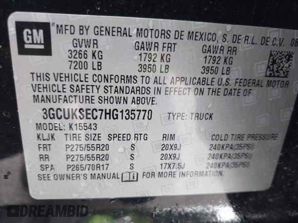 2017 Chevrolet Silverado 1500 LTZ with VIN 3GCUKSEC7HG135770, listed as a IAAI auction lot 41257645 with 155,364 mi miles and . Bid and sale history available at DreamBid. Image 9.