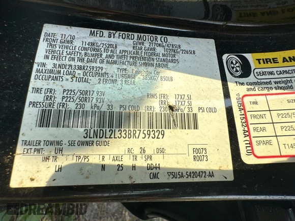 2011 Lincoln MKZ Hybrid with VIN 3LNDL2L33BR759329, listed as a Copart auction lot 45376155 with 131,927 mi miles and Clean Title. Bid and sale history available at carsss.com. Image 10.