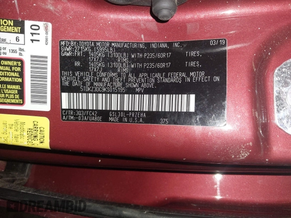2019 Toyota Sienna LE Auto Access Seat with VIN 5TDKZ3DC9KS015195, listed as a IAAI auction lot 41586900 with 74,132 mi miles and . Bid and sale history available at DreamBid. Image 9.