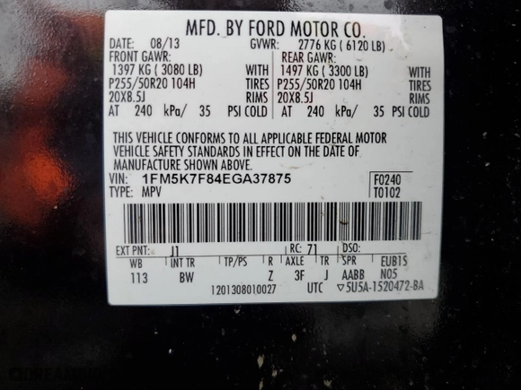 2014 Ford Explorer Limited with VIN 1FM5K7F84EGA37875, listed as a Copart auction lot 82051414 with 0 mi miles and Clean Title. Bid and sale history available at carsss.com. Image 13.