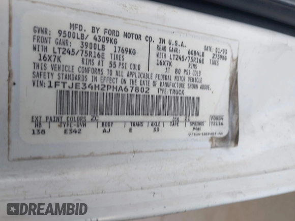 1993 Ford Econoline Cargo with VIN 1FTJE34H2PHA67802, listed as a IAAI auction lot 41909401 with Not Provided miles and . Bid and sale history available at DreamBid. Image 9.