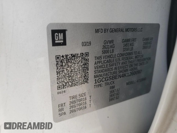 2019 Chevrolet Colorado 2WD Work Truck с VIN 1GCGSBEN4K1260097, выставлен на аукционе Copart как лот 59342215 с пробегом 156 856 миль миль и Списание • Salvage title. История ставок и продаж доступна на DreamBid. Изображение 12.