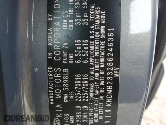 2008 Kia Sedona EX with VIN KNDMB233286246361, listed as a Copart auction lot 80190154 with 191,092 mi miles and Salvage Title. Bid and sale history available at carsss.com. Image 13.