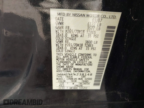 2007 Nissan Titan LE with VIN 1N6BA07B47N238148, listed as a IAAI auction lot 41683144 with 149,655 mi miles. Bid and sale history available at carsss.com. Image 9.