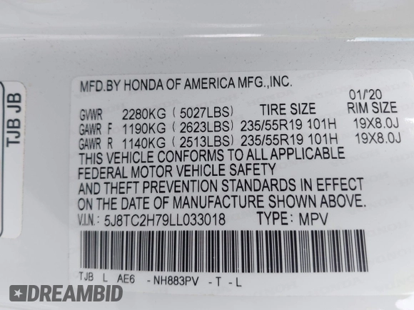 2020 Acura RDX Advance with VIN 5J8TC2H79LL033018, listed as a IAAI auction lot 42331295 with 53,015 mi miles and . Bid and sale history available at DreamBid. Image 9.