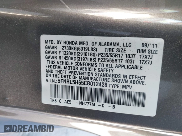 2012 Honda Odyssey EX-L with VIN 5FNRL5H65CB012428, listed as a IAAI auction lot 42164272 with 256,253 mi miles and . Bid and sale history available at carsss.com. Image 9.