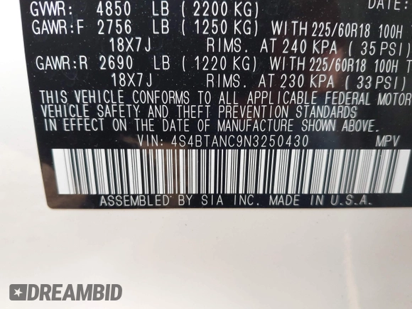 2022 Subaru Outback Limited with VIN 4S4BTANC9N3250430, listed as a IAAI auction lot 41962090 with 36,492 mi miles and . Bid and sale history available at DreamBid. Image 9.