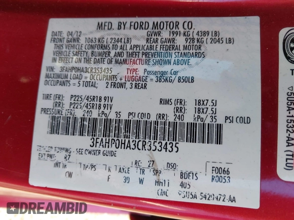 2012 Ford Fusion SE with VIN 3FAHP0HA3CR353435, listed as a IAAI auction lot 41934664 with 85,625 mi miles. Bid and sale history available at carsss.com. Image 9.