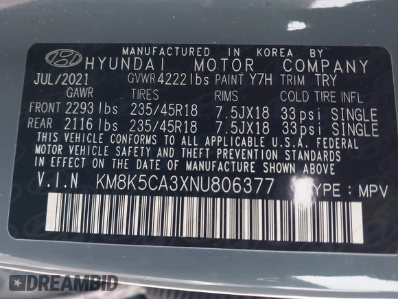 2022 Hyundai Kona Limited with VIN KM8K5CA3XNU806377, listed as a IAAI auction lot 41403043 with 12,618 mi miles. Bid and sale history available at carsss.com. Image 9.