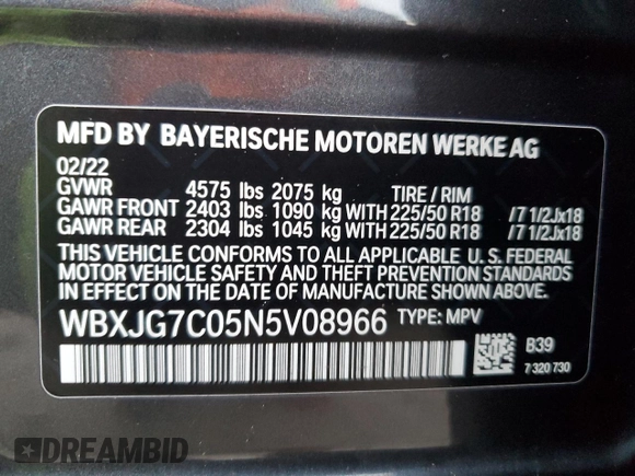 2022 BMW X1 sDrive28i with VIN WBXJG7C05N5V08966, listed as a Copart auction lot 86360594 with 39,514 mi miles and Clean Title. Bid and sale history available at carsss.com. Image 12.