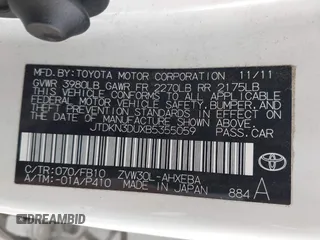 2011 Toyota Prius I with VIN JTDKN3DUXB5355059, listed as a IAAI auction lot 41896288 with 139,068 mi miles. Bid and sale history available at carsss.com. Image 9.