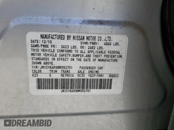 2011 Infiniti G37 x z VIN JN1CV6AR9BM352751, wystawiony jako Copart lot #56555135 z przebiegiem 154 366 mil mil oraz Szkoda całkowita • Salvage title. Historia ofert i sprzedaży dostępna na DreamBid. Obrazek 12.