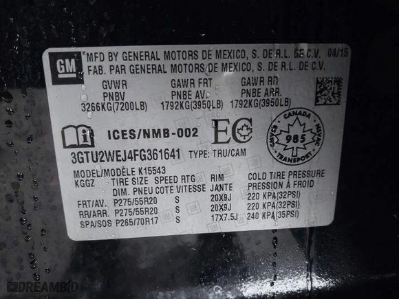 2015 GMC Sierra 1500 Denali with VIN 3GTU2WEJ4FG361641, listed as a IAAI auction lot 41801404 with 154,376 mi miles. Bid and sale history available at carsss.com. Image 9.