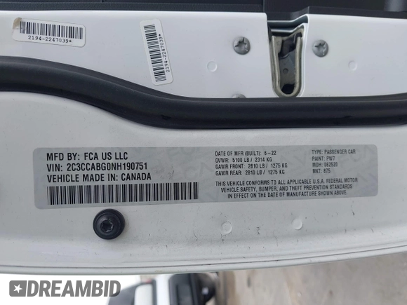 2022 Chrysler 300 S z VIN 2C3CCABG0NH190751, wystawiony jako IAAI lot #41782941 z przebiegiem Nie podano mil oraz . Historia ofert i sprzedaży dostępna na DreamBid. Obrazek 9.