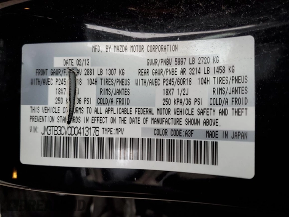2013 Mazda CX-9 Touring with VIN JM3TB3CV0D0413176, listed as a Copart auction lot 62418414 with 162,658 mi miles and Non Repairable. Bid and sale history available at carsss.com. Image 14.